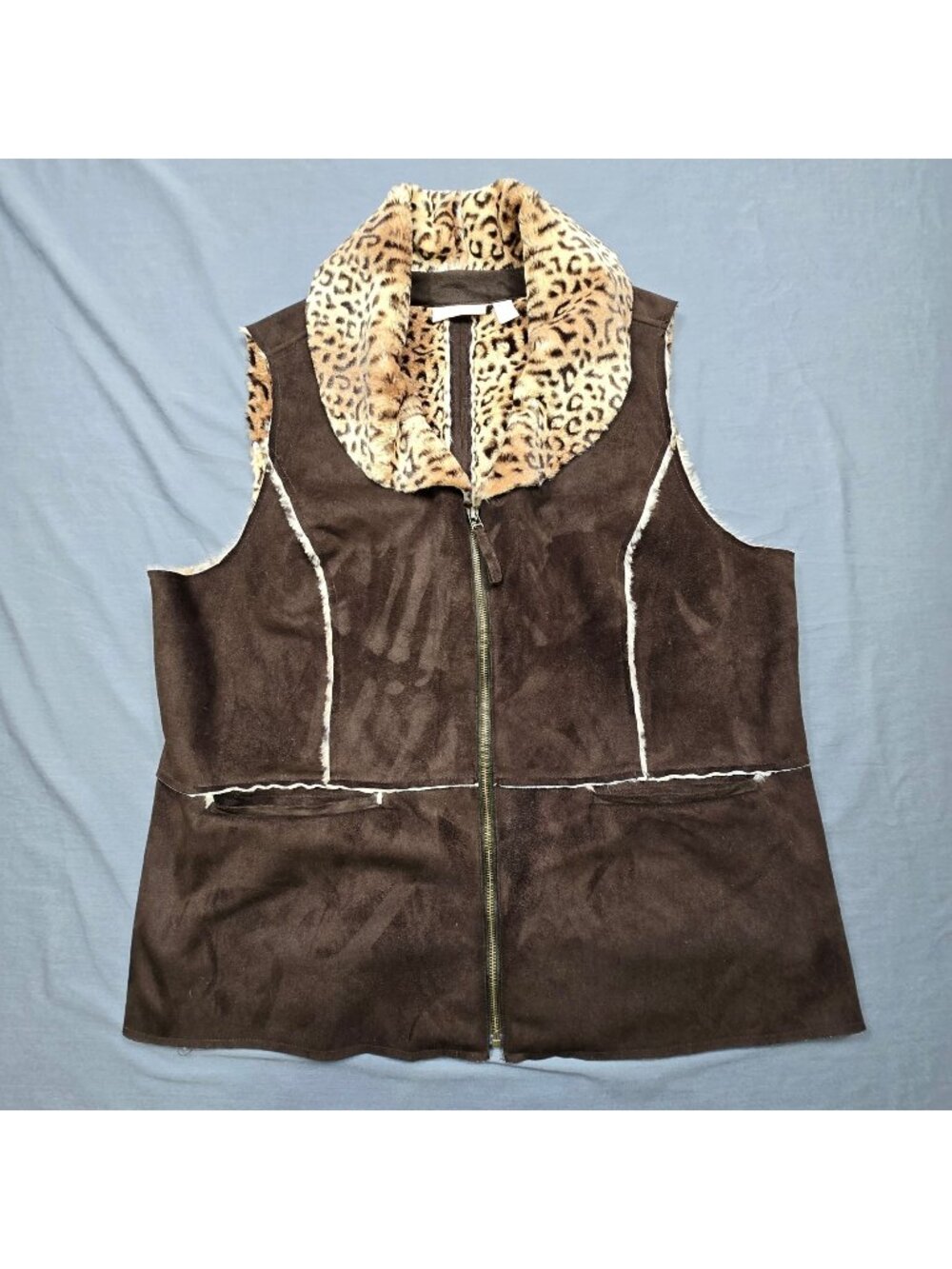 Chicos Size XL 3 Sleeveless Brown Vest Leopard Print Collar Faux Suede